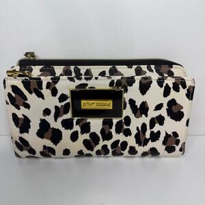 Betsey Johnson Large White Animal Print Zip Around Wallet